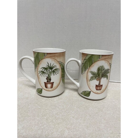 American Atelier Set Of 2 # 5185 Tropical Palm Mugs 12oz. Plants - Picture 1 of 5